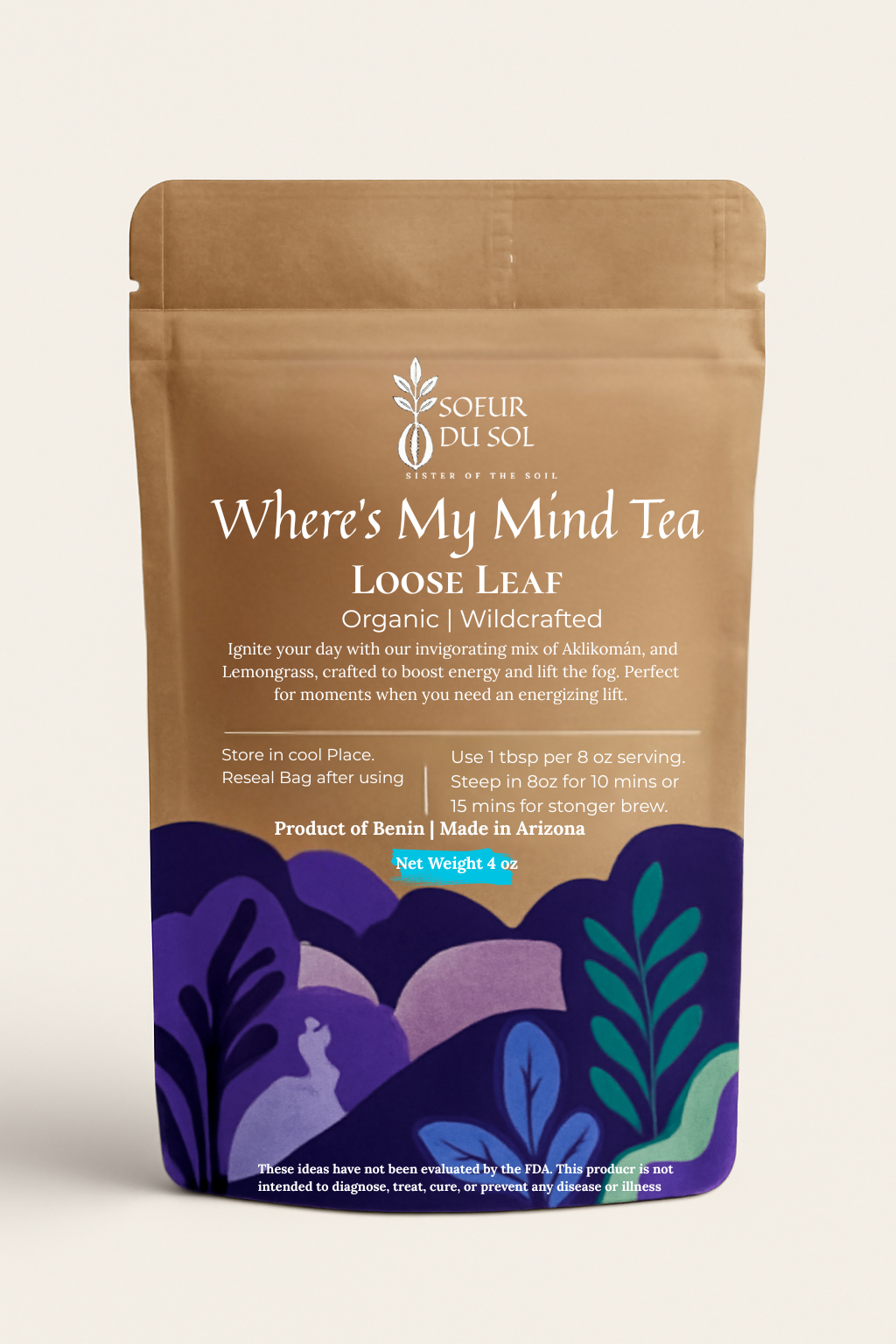 A brown bag of loose leaf tea with purple picture